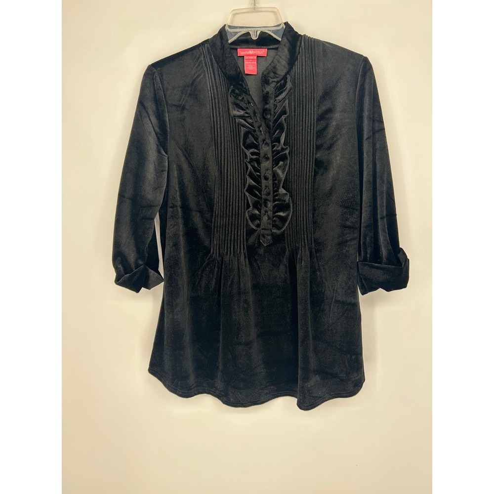 Black Velour Ruffle Pintuck Edwardian Blouse M Gothic Victorian 3/4 Sleeve